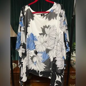 JM Collection Floral Blouse - Black, White, Blue